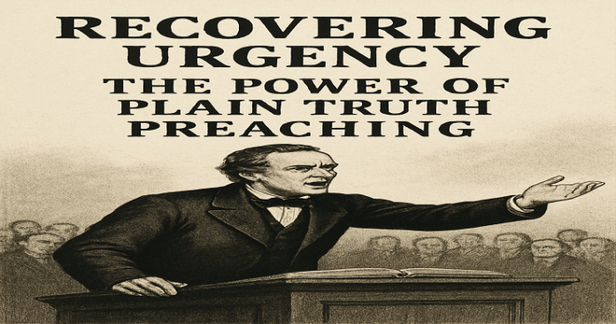 A vintage-style poster features bold text reading “Recovering Urgency” and “Preaching Plain Truth” above an image of a passionate preacher addressing a crowd.