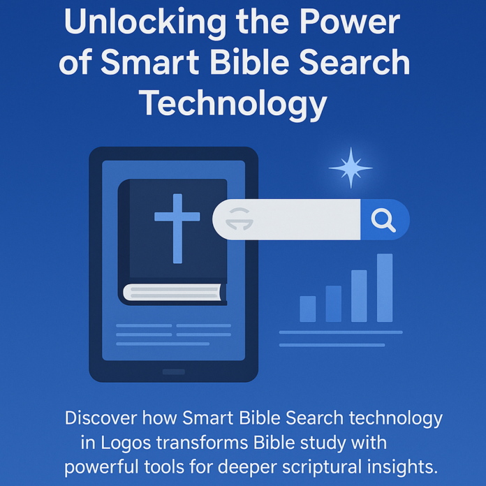 A digital graphic shows a tablet with a Bible, a search bar, and data icons under the title 