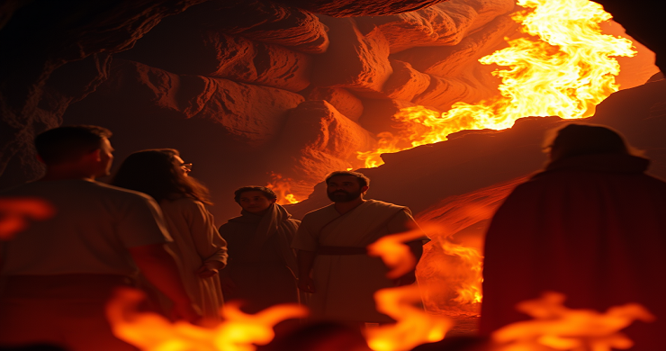 Image of men standing around in a fiery furnace. John Lennox book on Daniel  - Against The Flow