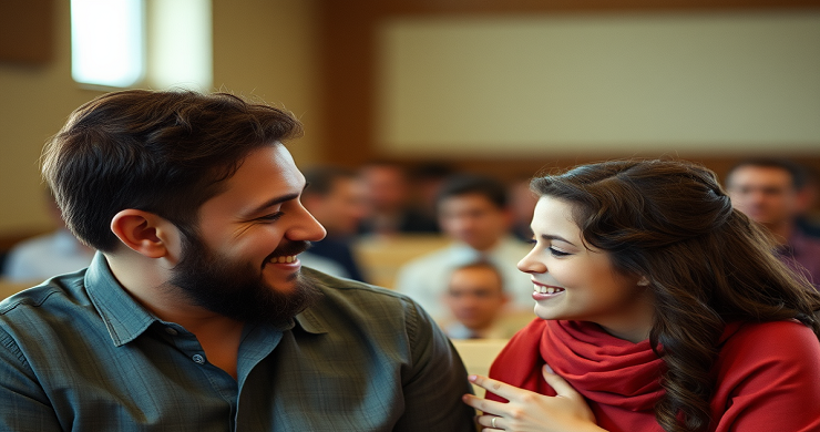 Excited man and woman in a court room. Looking at each other. Adoption applicants. We have our adoption in Christ.