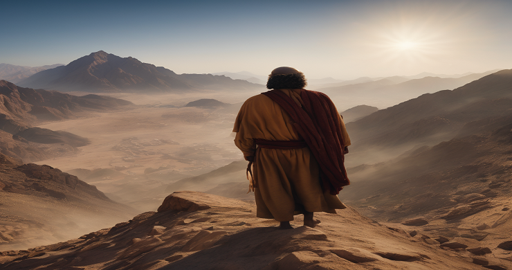 Image of Moses standing on the mountain looking down into the valley. Moses smashed the tablets.