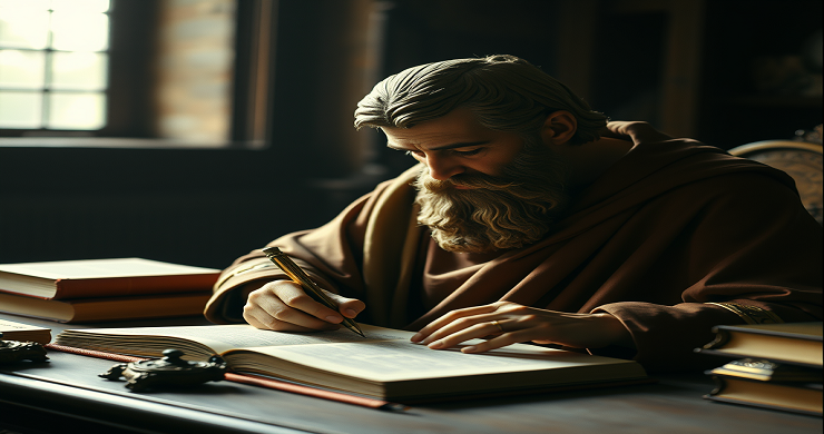 A stylized image of the apostle Paul writing. Giving his Authority and Blessing in the book of Ephesians.