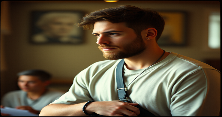 A well groomed young man with a beard wearing a tee shirt and a shoulder strap. Staring forward. Someone's son. The picture is representing sonship.