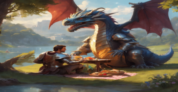 Knight and dragon having a picnic together