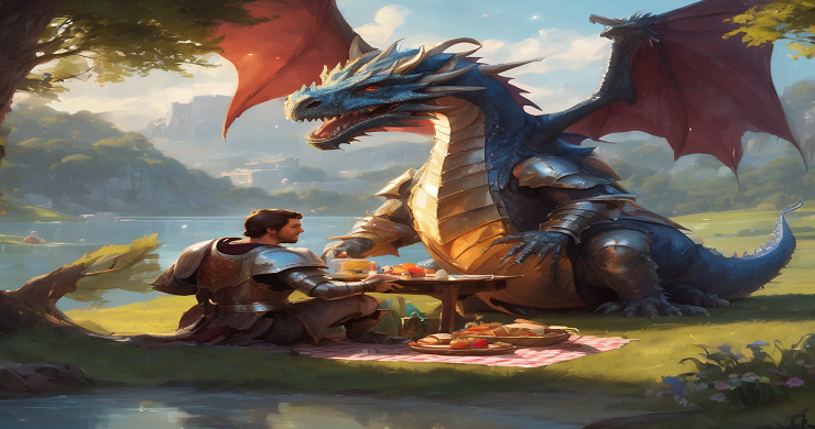 Knight and dragon having a picnic together