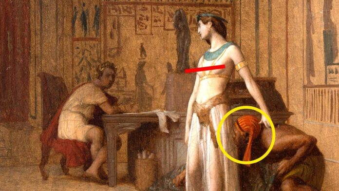 Image of a woman leaning on a desk of some kind looking at a man seated at a desk. She is apparently hiding a slave. Slavery in Ancient Egypt