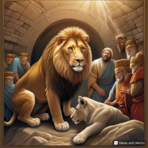 An image of people and lions in a lion's den. Daniel Questions - Against The Flow